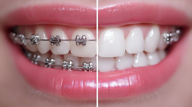 A close-up of a smiling person showing before and after results of orthodontic treatment with braces.