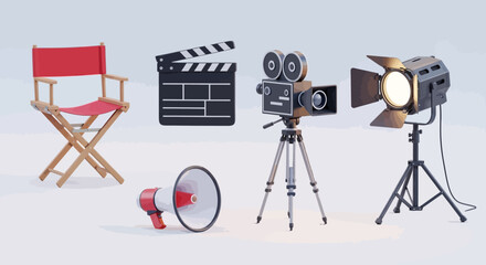A professional movie camera on a tripod stands as an isolated piece of vintage film equipment, featuring a black metal body and retro lens technology for studio photography © Rizky