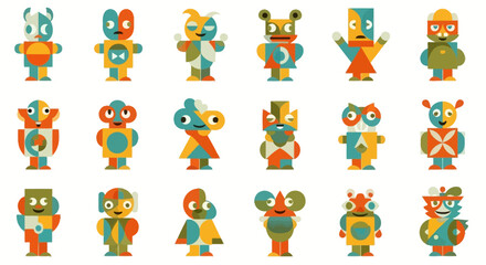 Fototapeta premium A collection of funny cartoon characters and people featuring a colorful set of children, animals like cats and bears, and playful vector icons in a seamless comic illustration style