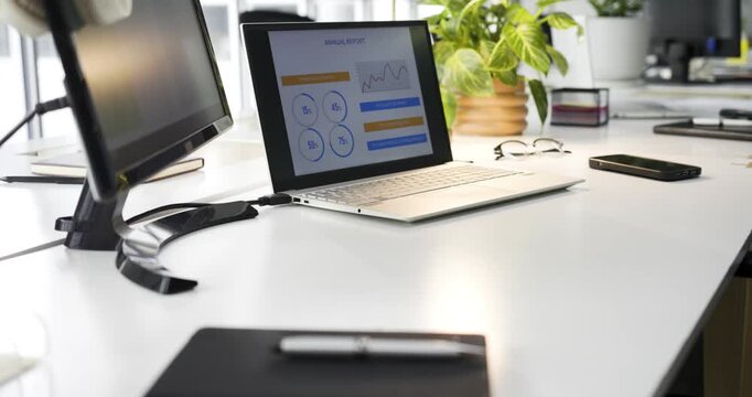 Camera is starting on desk and panning right to reveal laptop displaying report percentages