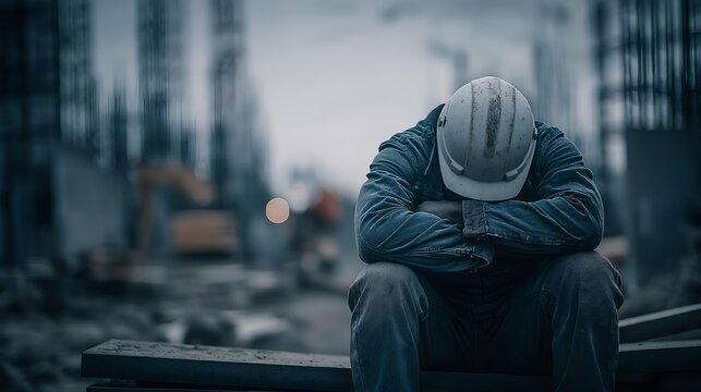 A construction worker sits in despair at a job site, highlighting the challenges of the profession.