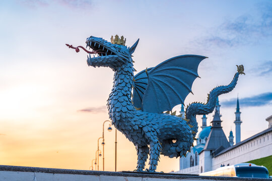 Dragon Zilant - the symbol of the city of Kazan and the Kul Sharif mosque of the Kazan Kremlin. Russia. Summer evening view