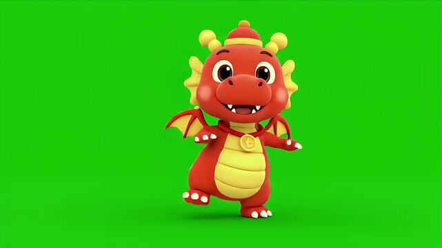 Red cartoon baby dragon with golden accents and a festive hat dances energetically on a bright green screen background isolated for easy compositing and animation projects