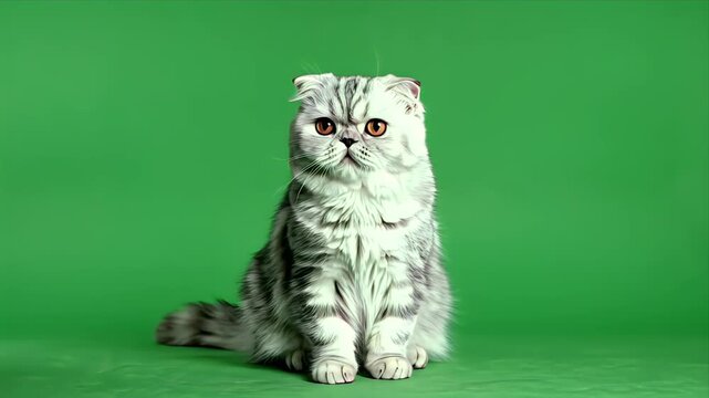 Scottish Fold Cat Sitting Gracefully on a Vibrant Green Screen Background with Soft Studio Lighting