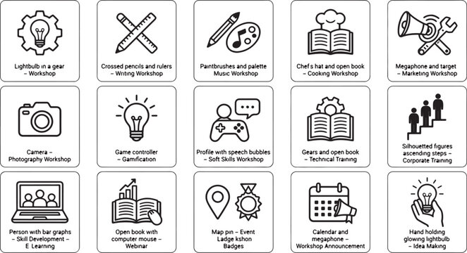 Minimalist Workshop and Learning Icon Set &ndash; 2010 Thin Line Vector Education and Training Symbols