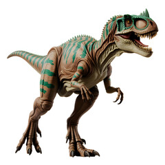 Fototapeta premium Brown and green toy dinosaur with sharp teeth and claws brown dinosaur green dinosaur