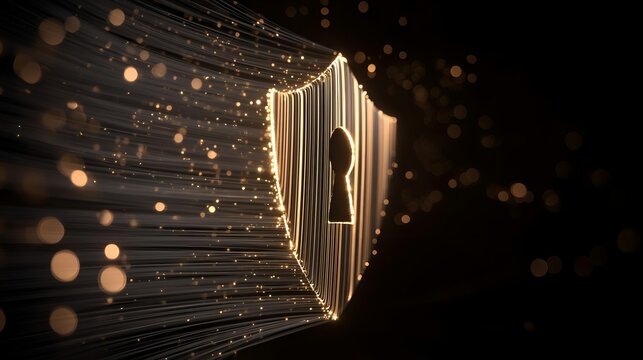 A digital shield design with a keyhole, illuminated by glowing particles, symbolizing security and protection.