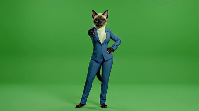 Siamese Cat Head Animal Character Wearing Blue Business Suit and Turtleneck Standing Against a Vibrant Green Screen Background with Studio Lighting