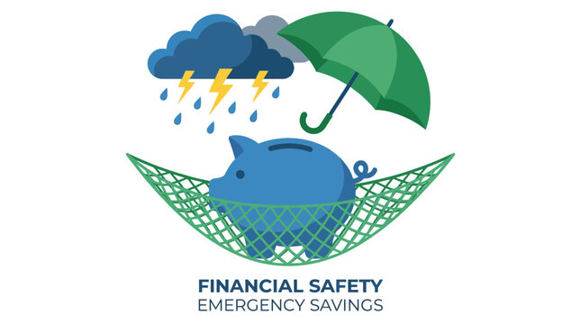 Concept of financial safety net and emergency savings featuring a blue piggy bank protected by an umbrella from a storm cloud in a green hammock net
