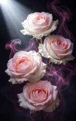 Fototapeta premium Soft pink roses bloom against dark backdrop with ethereal purple