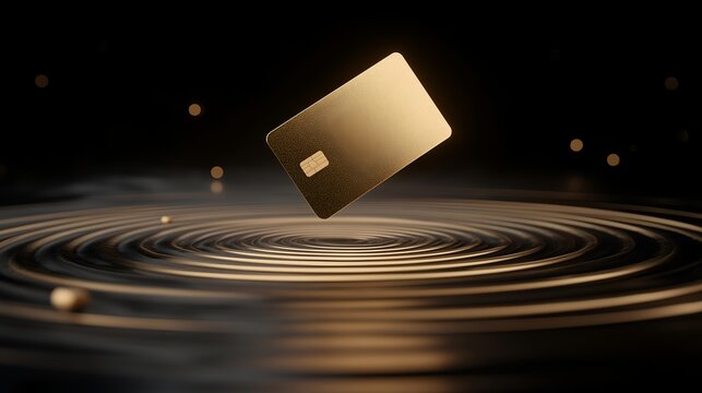 A floating golden credit card creates ripples in a dark space, symbolizing financial transactions and luxury.