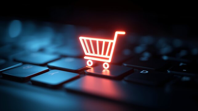 A glowing red shopping cart icon displayed on a keyboard, symbolizing online shopping and digital commerce.