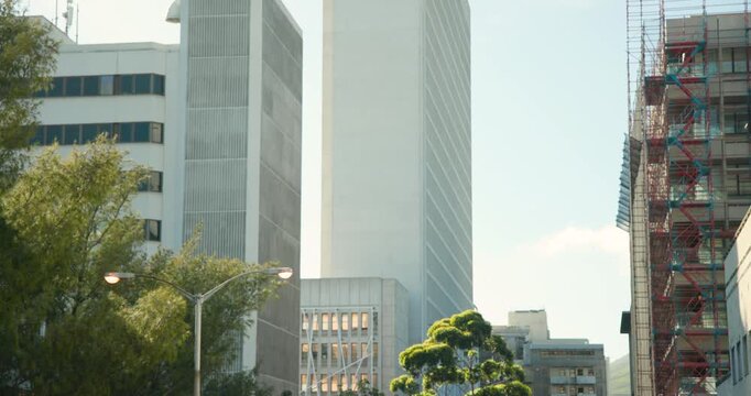 Light breeze starting and sun shifting are moving trees and drifting clouds around city skyscraper