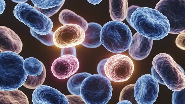 Microscopic View Of Vibrant Glowing Bacteria And Red Blood Cells Floating In Dark Fluid With Subtle Light Effects
