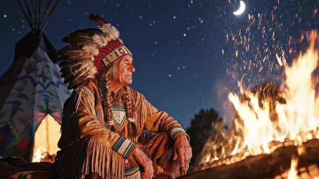 Elderly man in traditional native attire gazing thoughtfully at glowing campfire under starry night sky with moon