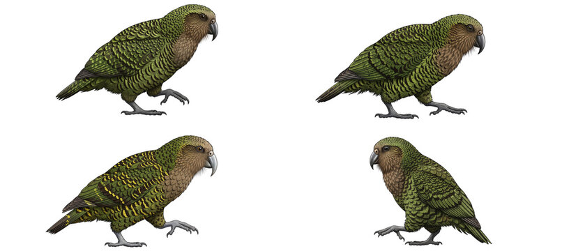 Four Kakapo Parrots in Different Poses on White Background.