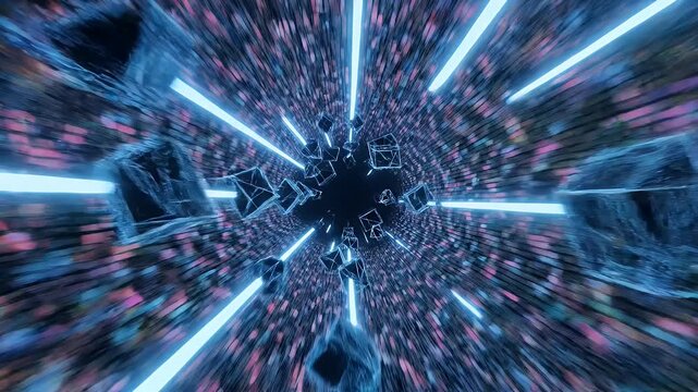 Abstract neon tunnel with floating geometric shapes and light streaks animation