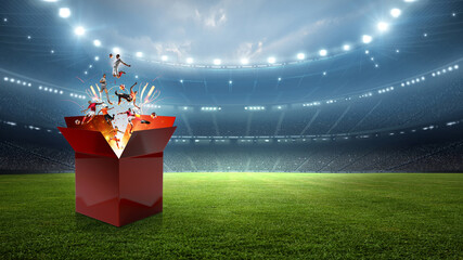 Dynamic soccer action concept with soccer players emerging from a surprise red box on a soccer field. © efks