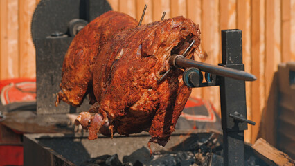 A whole animal carcass, seasoned with red spices, rotates slowly on a large mechanical spit over hot coals. This traditional cooking method is often seen at food festivals and outdoor events