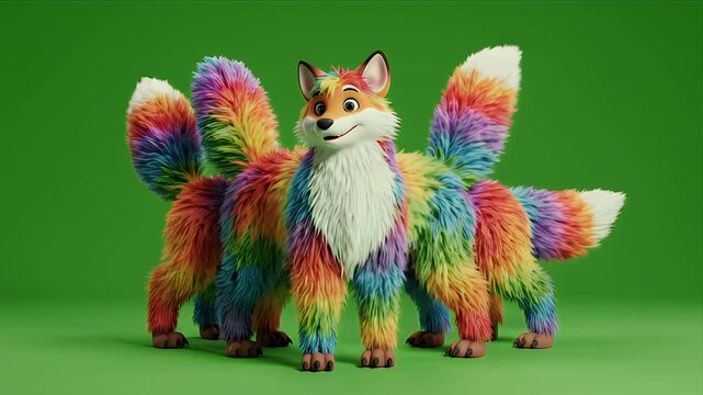 Whimsical Rainbow Fox Character with Multiple Tails Poses on Green Screen Background in Studio Lighting