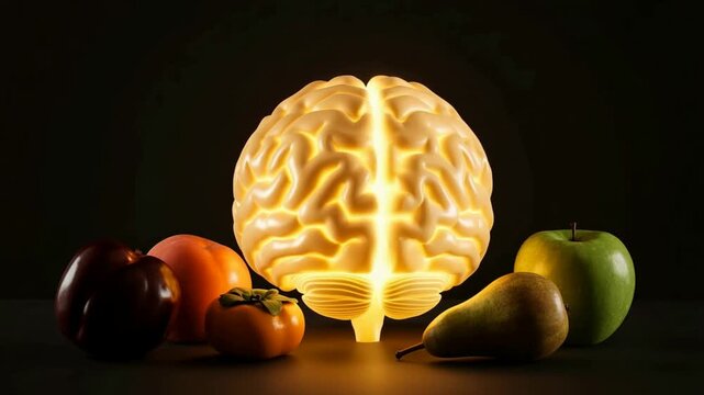 Glowing human brain model surrounded by fresh organic fruits representing healthy nutrition for cognitive function and mental