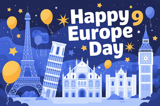 Happy europe day with iconic landmarks and balloons in night sky