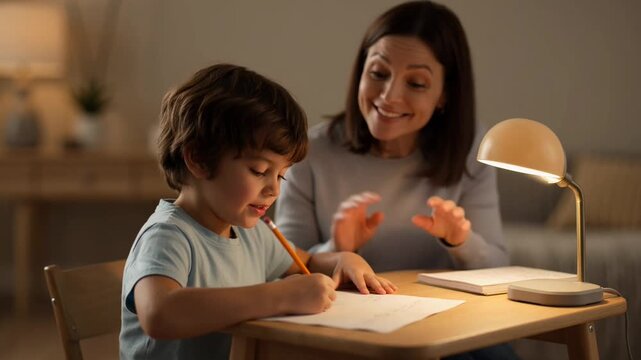 Caring mother helping son with homework under desk lamp at night