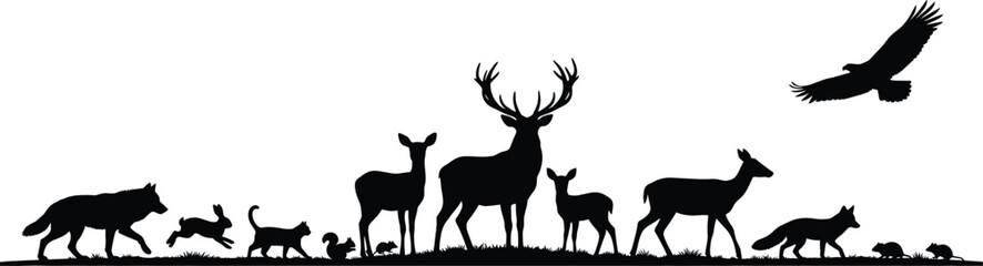 Naklejka premium Forest wildlife silhouettes featuring deer, stag, fox, wolf, rabbit, squirrel, and birds in natural landscape, detailed animal collection illustration for nature, woodland, and ecology themes