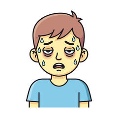 Obraz premium Exhausted Boy Sweating Heavily, Feeling Sick and Tired, Cartoon Illustration