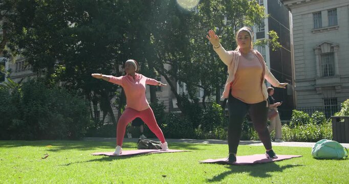 African American women in sportswear after prayer flowing into plank for fitness on park mats,pack