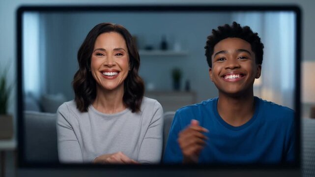 Happy mother and teenage son enjoy a video call on a computer screen