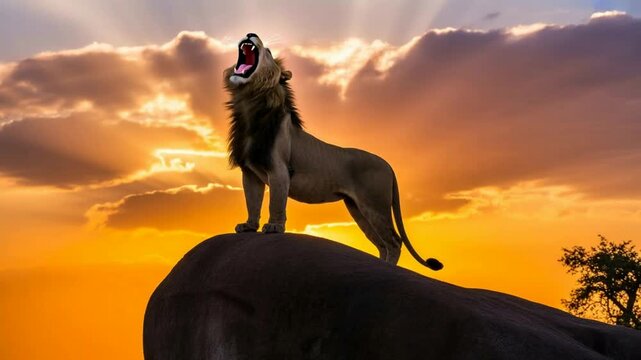 Male lion roaring atop a rocky outcrop against a dramatic golden hour sunset sky powerful african predator standing on a stone