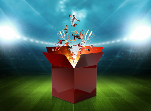 Dynamic soccer action concept with soccer players emerging from a surprise red box on a soccer stadium field.