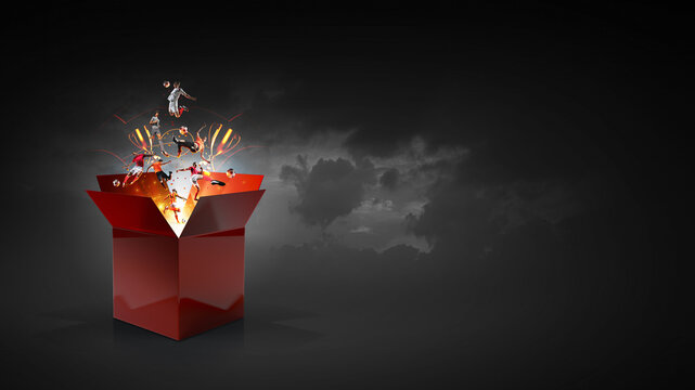 Dynamic soccer action concept with soccer players emerging from a surprise red box on a black background.