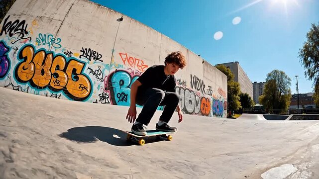 Skateboarder performing trick at skatepark