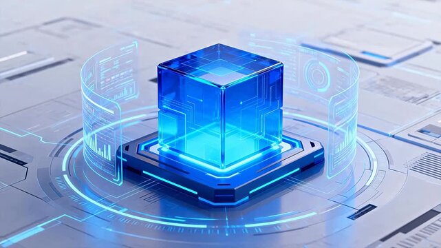 Futuristic blue cube with digital interface