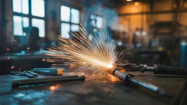 Industrial metal welding process close up with bright orange sparks flying across a dark workshop workbench metalworking