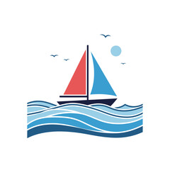 Fototapeta premium Sailboat on wavy ocean with sun and birds, simple flat vector illustration