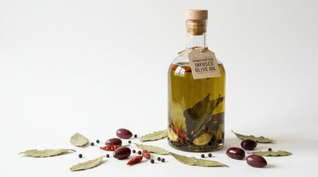 Tall glass flagon of handcrafted infused olive oil with herbs and spices scattered around