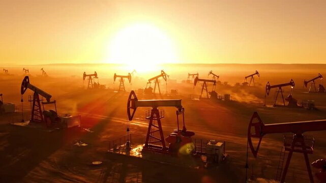 Cinematic Aerial Oil Field at Sunrise with Multiple Pumpjacks in Golden Haze