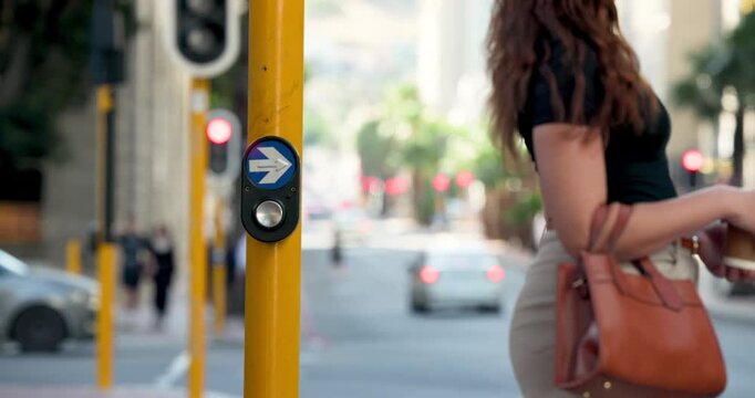Camera staying locked on yellow pole at crosswalk as lights switching to red, people crossing