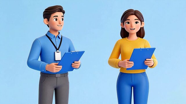 Two cartoon workers with clipboards