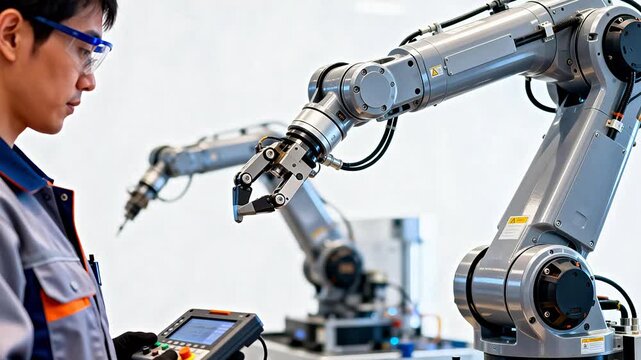 Engineer operating robotic arm in factory