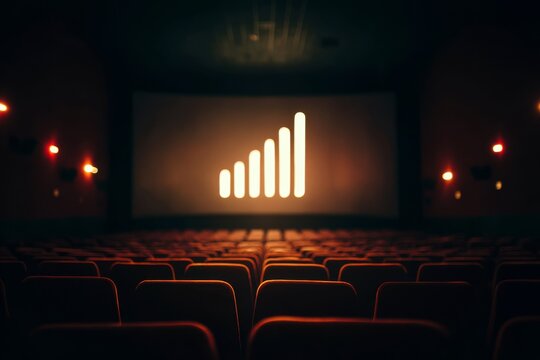 A barchart icon projected on a cinema screen in a dark movie theater