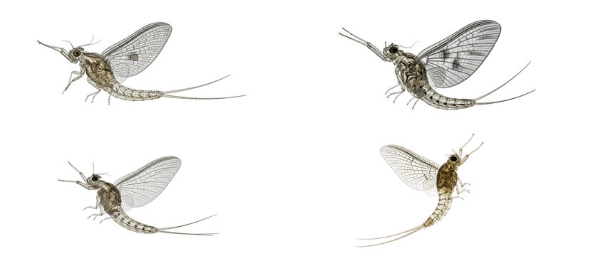Four Mayflies Isolated on White Background Detailed Insect Study.