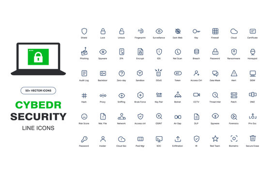 Cyber security icon pack featuring 60 professional line icons for data protection, encryption, firewall, network security, surveillance, and digital privacy. Modern minimal vector icons.