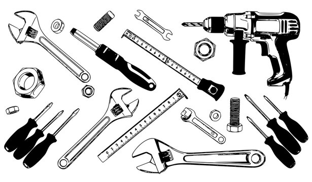 Detailed repair tools collection mechanic equipment hardware vector illustration set