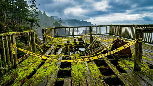Heavily decayed wooden observation deck covered in vibrant green moss is cordoned off with bright yellow caution tape near a rugged coastline