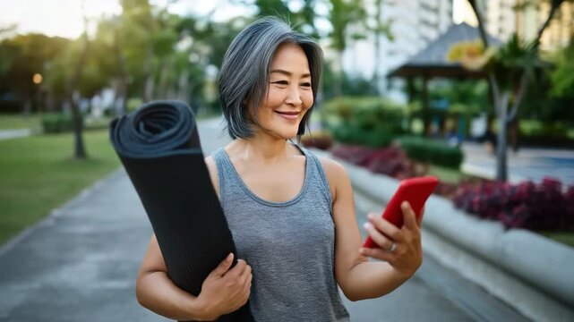 Tracking shot of woman carrying yoga mat checking phone while walking through park pathway during golden hour evening