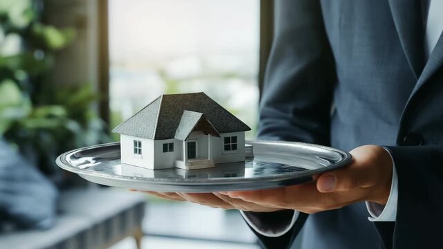 Static close up of real estate agent holding model house on silver tray in modern office interior during daytime